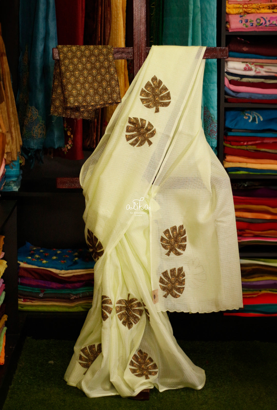 PASTEL GREEN CHECK KOTA SAREE WITH APPLIQUE EMBROIDERY
