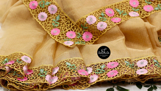 Gorgeous Golden Tissue Saree with Full Border Cutwork