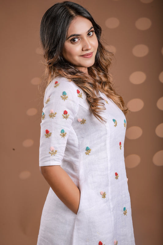 White Hand-Embroidered Pure Linen Frock – Alika Fashion