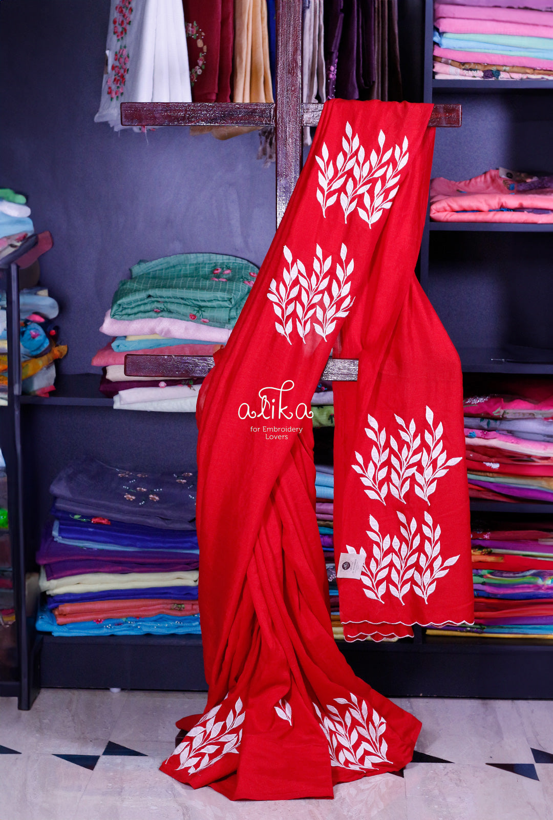 Chic and Timeless: Red Semi-Silk Saree with White Appliqué Work