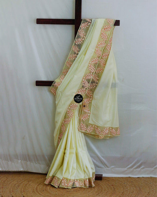 Light Creamish Yellow Semi-Checked silk Saree with Full Border Cutwork – Alika Fashion Store