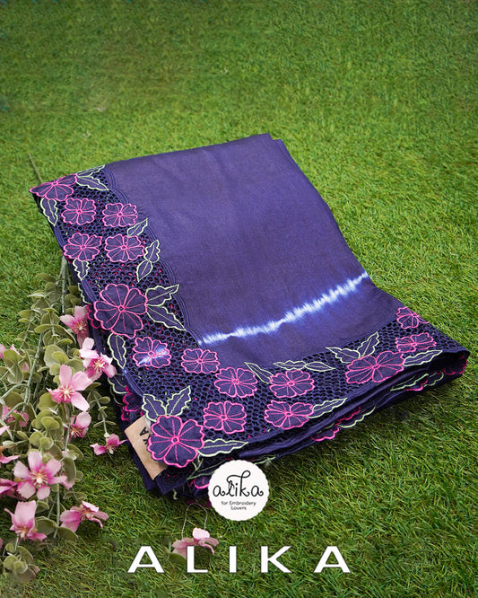 DARK BLUE TUSSAR SILK SAREE WITH full border cutwork and floral machine embroidery