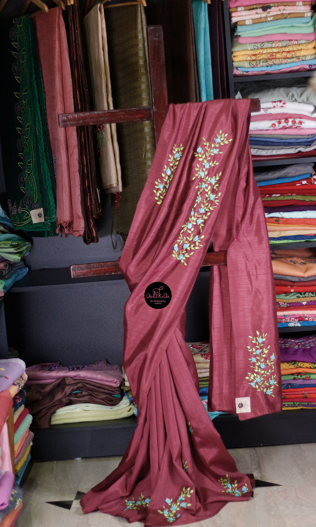 BROWN SEMI-SILK SAREE WITH RIBBON EMBROIDERY