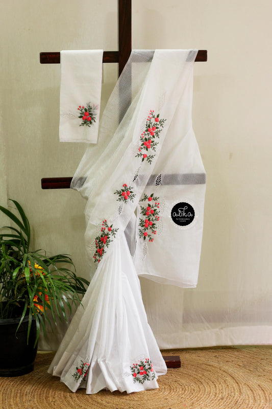 Milky White Semi Silk Saree with Peach Bullion Work & Small Cutwork – Elegant & Refined