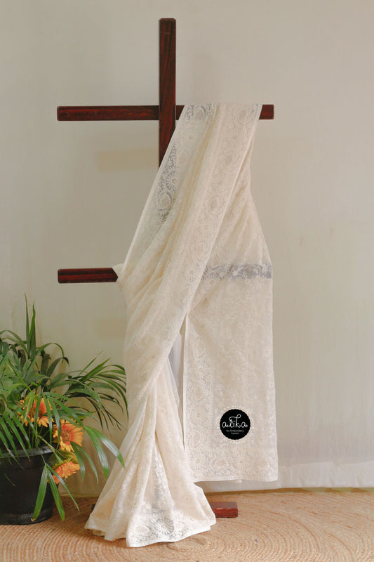 Cream Georgette Saree with Self-Shade Machine Embroidery – Alika Fashion Store