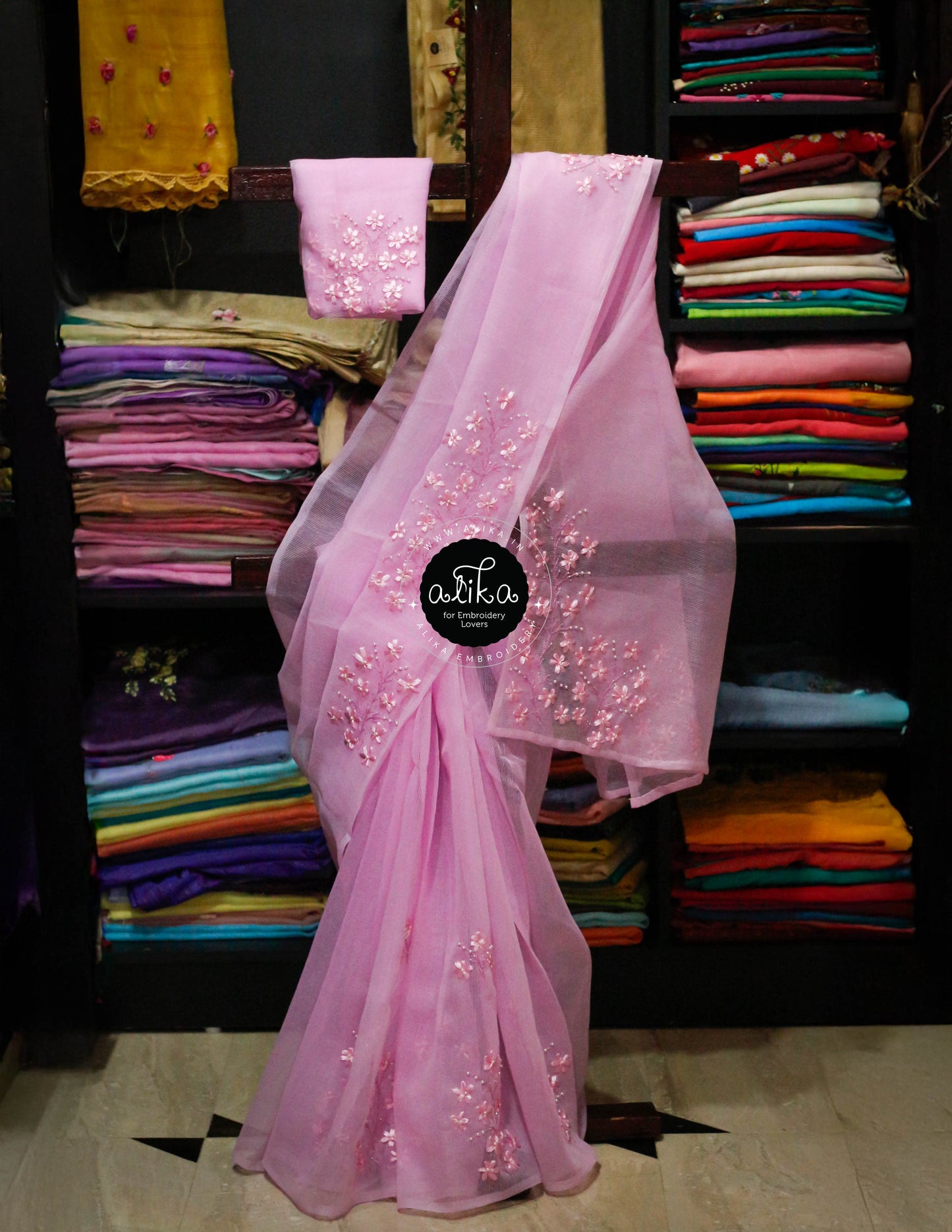 Pink Kota Saree with Self-Shade Ribbon Work Embroidery - Elegance Redefined"
