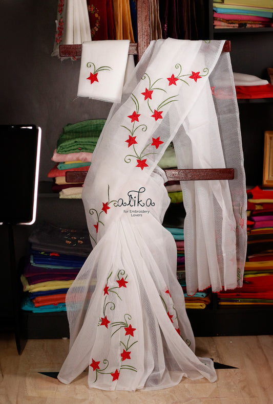 Elegance Unveiled: White Striped Kota Saree with Red and Green Machine Work