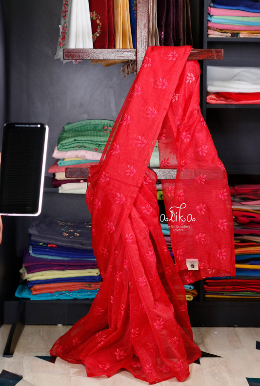 Strikingly Chic: Red Striped Kota Saree with Intricate Red Machine Work
