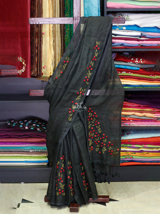 BLACK LINEN SAREE WITH BULLION EMBROIDERY