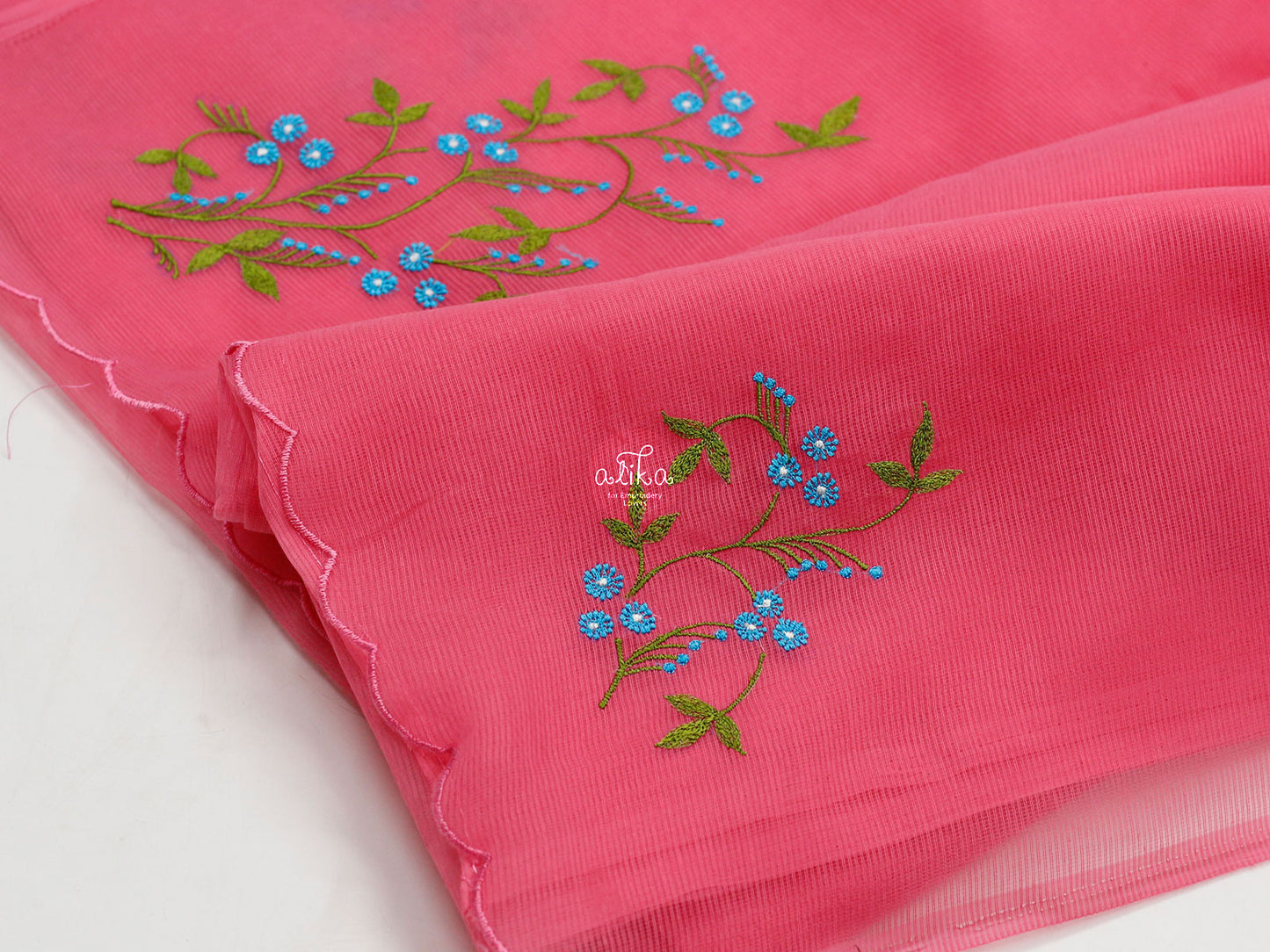 Pink Kota Saree With  blue Floral Embroidery