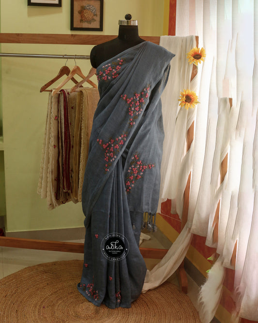 Stunning Bluish Grey Linen Saree with Intricate Bullion Work