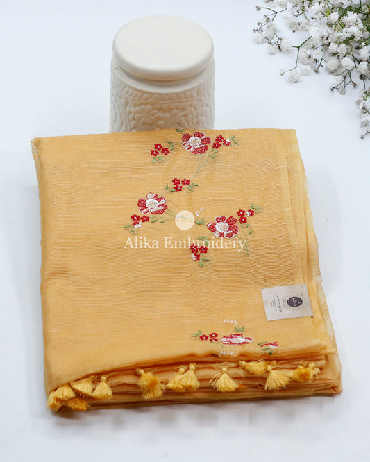 "Mesmerizing Mango Yellow Soft Silk Saree: Red & White Floral Delight"
