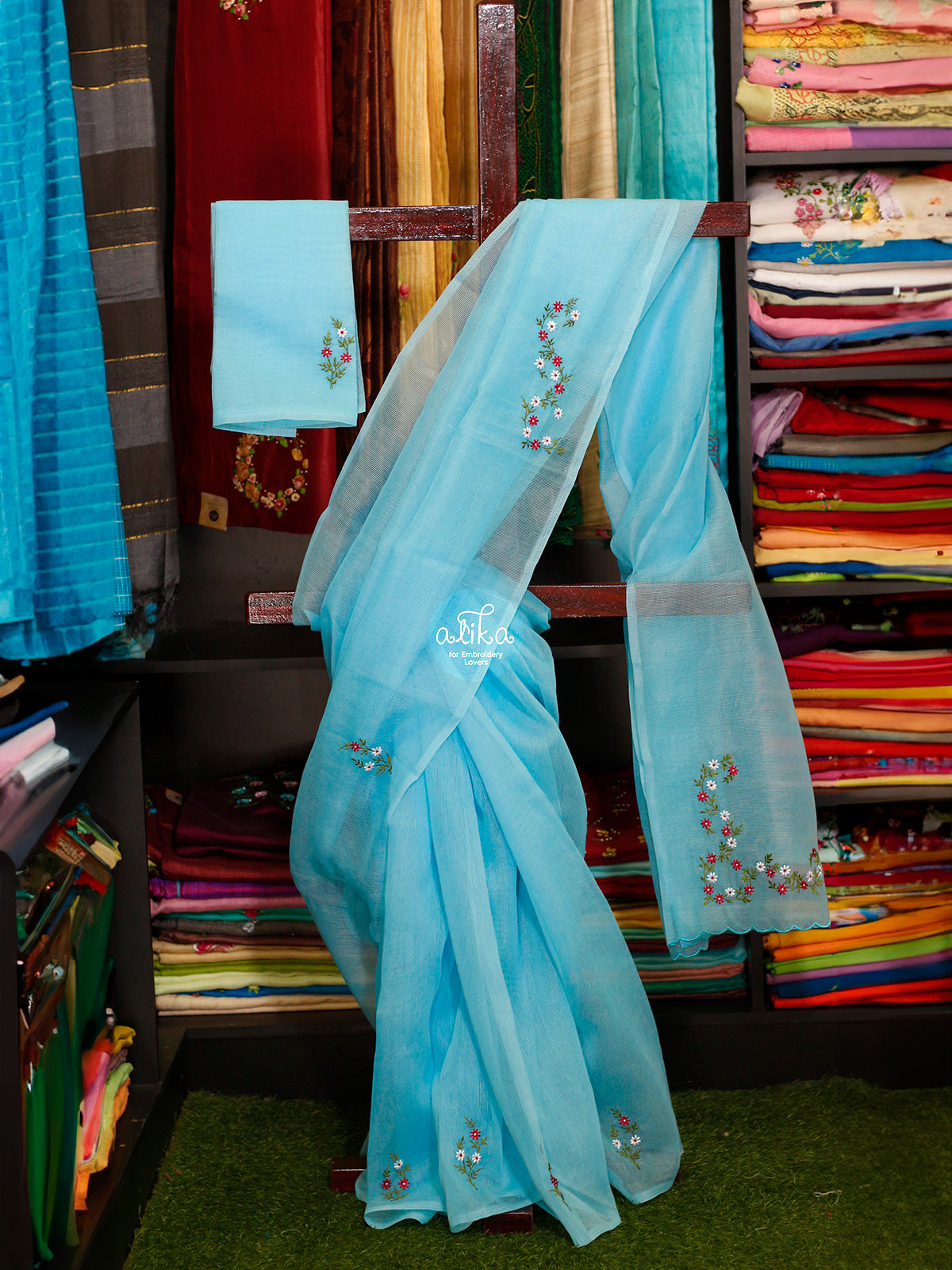 BLUE KOTA SAREE WITH FLORAL MACHINE EMBROIDERY