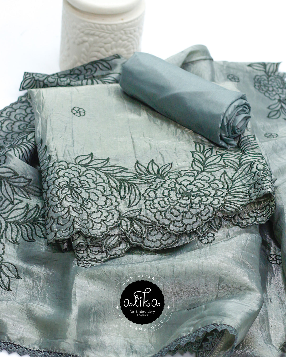 Smoke Grey Salwar Set with Intricate Machine Embroidery