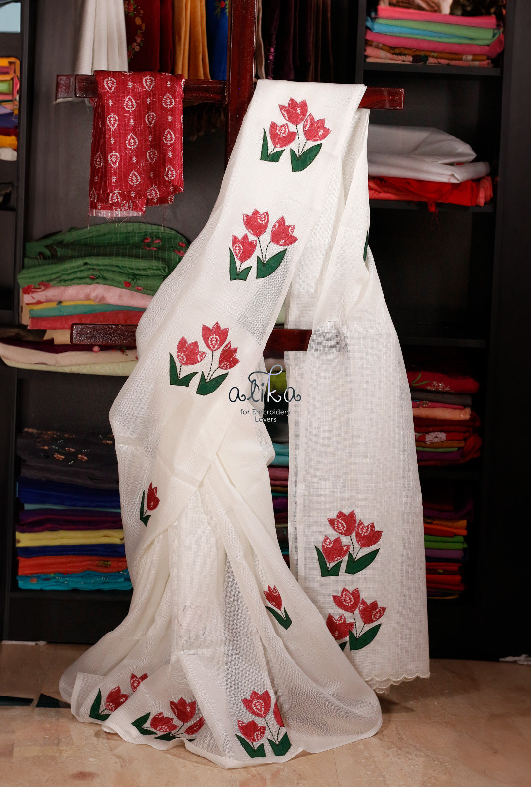Explore Elegance in Checked Silky Kota with Red and Green Applique Work - Perfect Fusion of Style and Tradition