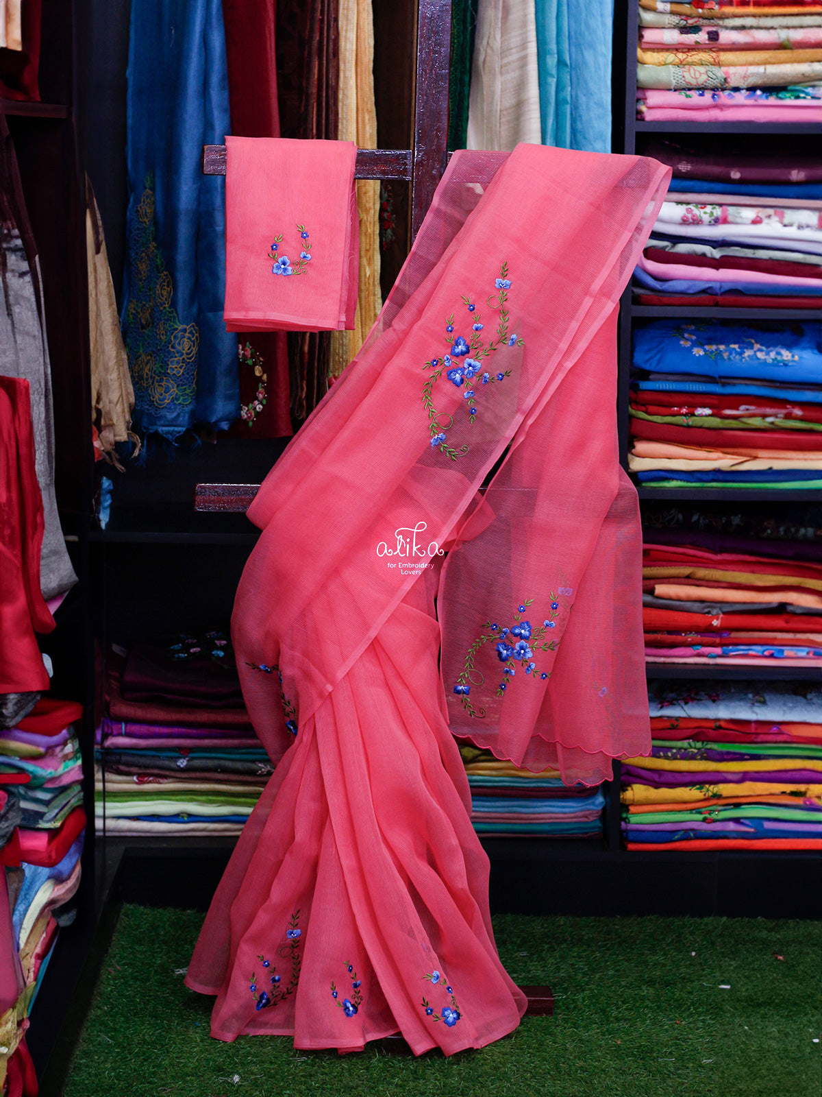 NEON PINK KOTA SAREE WITH FLORAL MACHINE EMBROIDERY