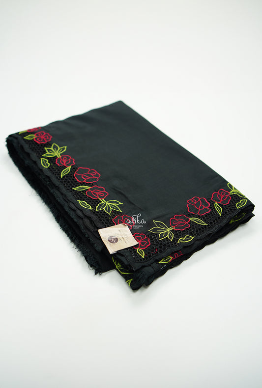 BLACK  SEMI  SILK  SAREE WITH FULL BORDER CUTWORK AND FLORAL EMBROIDERY