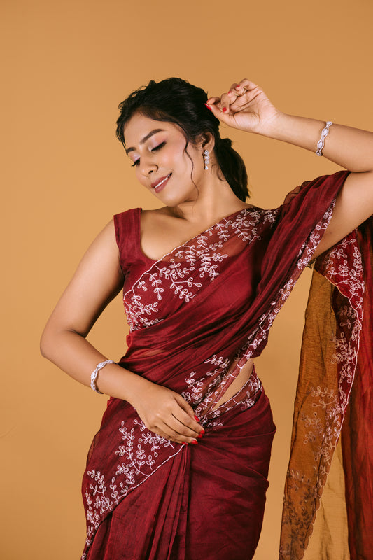 Enchanting Sangria Red Silky Kota Saree with White Sequence Embroidery