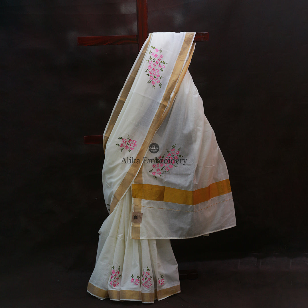 Kerala Kasavu Saree with Exquisite Embroidery