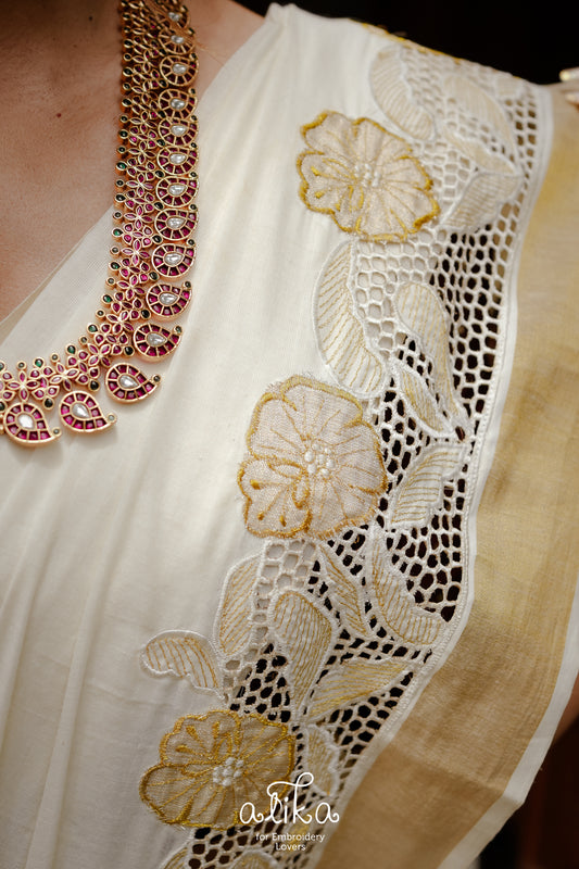 Traditional Kerala Saree with Full Border Cut Work – Alika Fashion Store