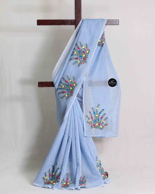 Ice Blue Kota Silk Saree with Floral Hand Embroidery | Alika Fashion Store