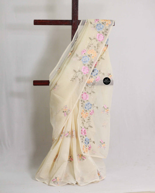 Cream Kota Saree with Floral Machine Embroidery and Plain blouse Material