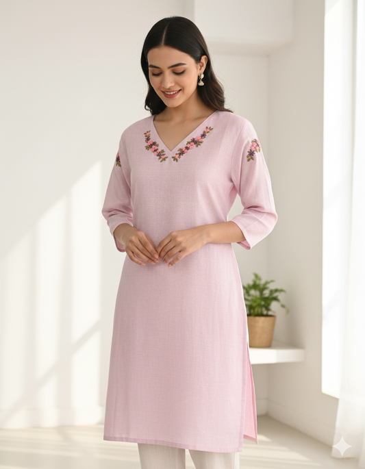 Pale Lavender Semi-Linen Stitched Kurta with Hand-Embroidered Floral Detailing – Elegant Festive & Ethnic Wear for Women