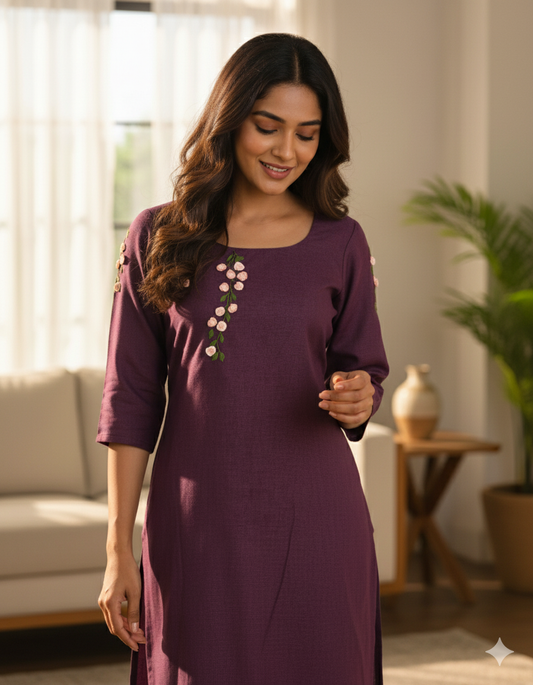 Elegant Dark Purple Semi-Linen Stitched Kurta with Hand Embroidered Floral Details