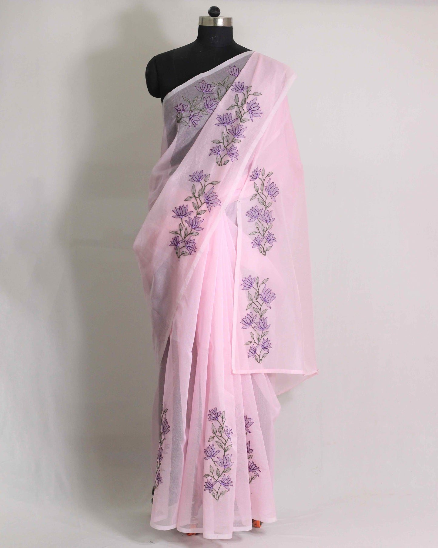 Light Pink Kota Saree with Floral Shadow Embroidery