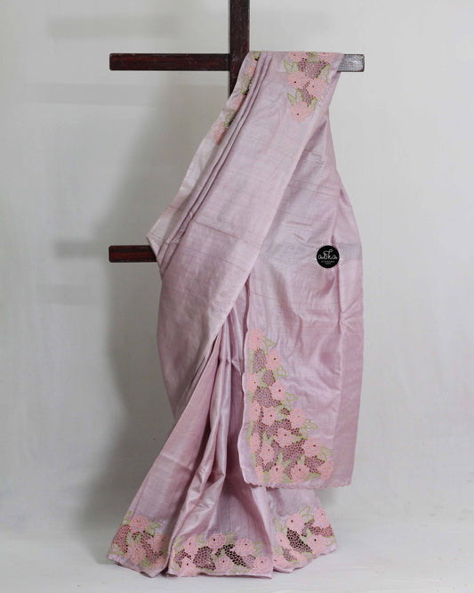 Lavender Tussar Silk Saree with Twine Cutwork