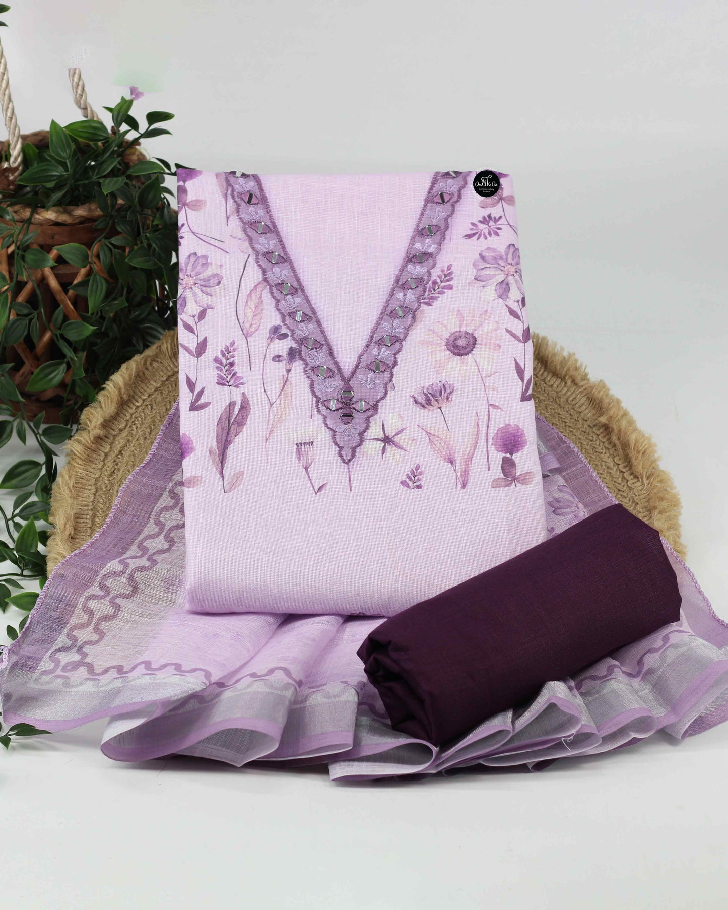 Lavender Semi-Tissue Unstitched Salwar Set with Floral Prints & Mirror Work