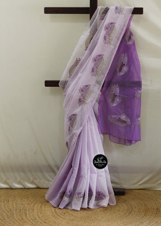 Deep and Light Lavender Double-Shaded Silky Kota Saree with Full-Body Scattered Cutwork - Alika Fashion Store