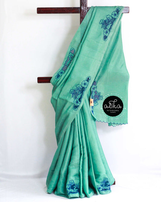 Ocean Green Semi Silk Saree with Delicate Twine Cut Work – Alika Fashion Store