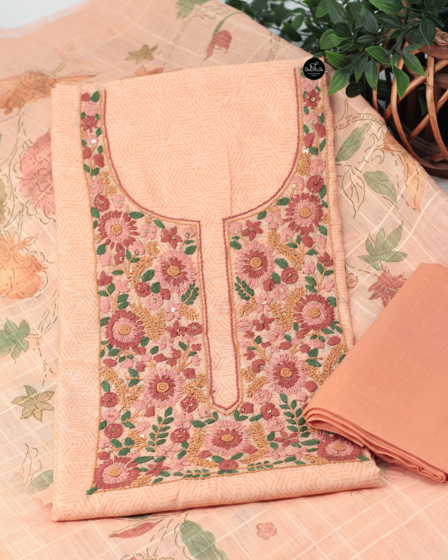 Light Orange Chanderi Cotton Unstitched Salwar Set with Floral Hand Embroidery