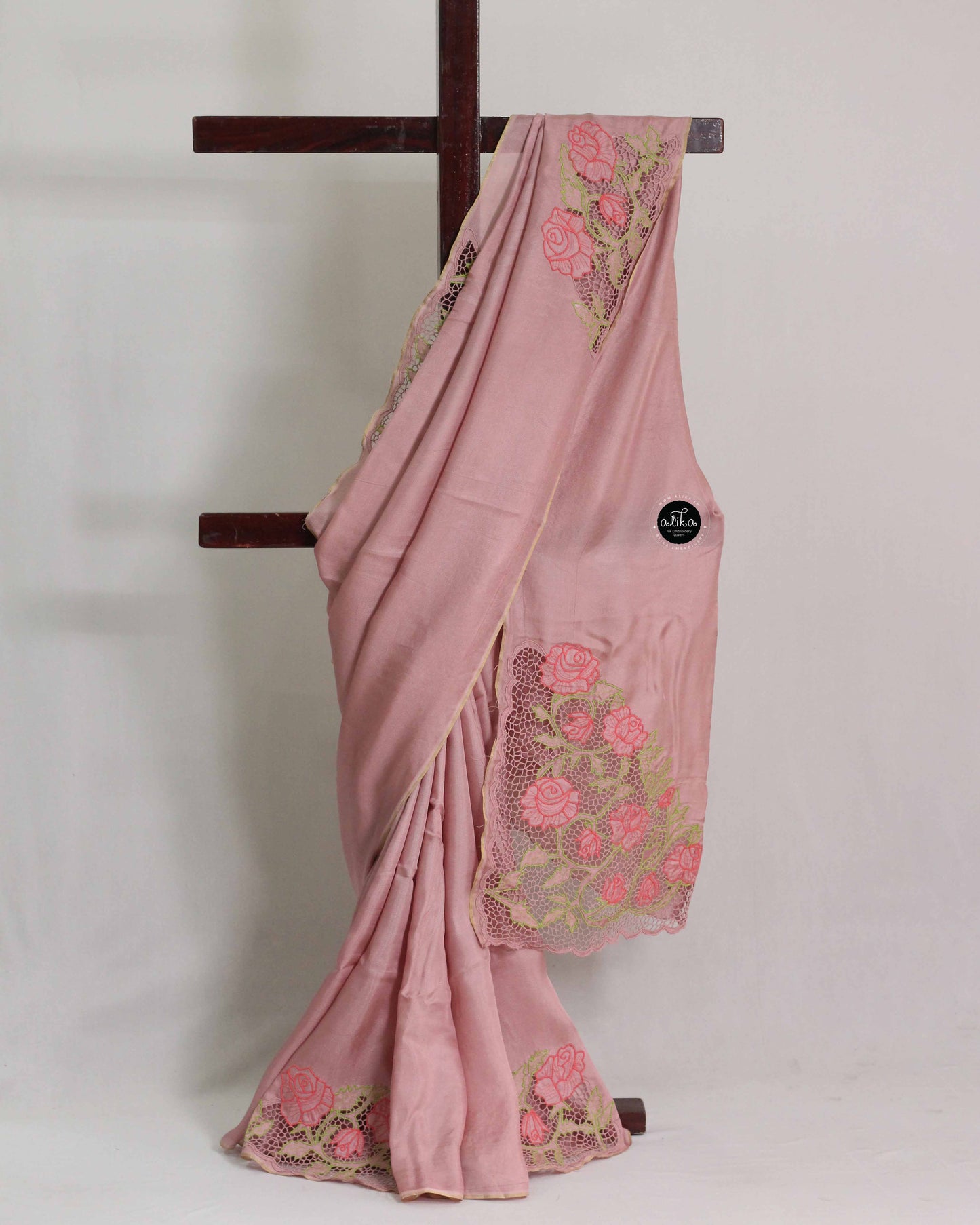 Peach Crispy Georgette Saree with Floral Cutwork