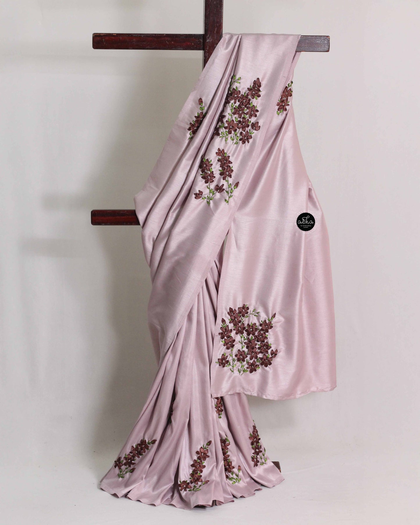 Lavender Semi Silk Saree with Brown Floral Ribbon Embroidery and Bead Work