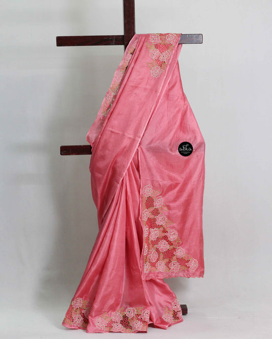 Peach Semi Tussar Silk Saree with Floral Twine Cutwork