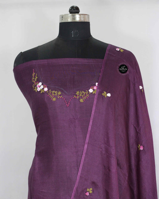 Dark Purple Semi Tussar Top & Dupatta Set with Floral Hand Embroidery