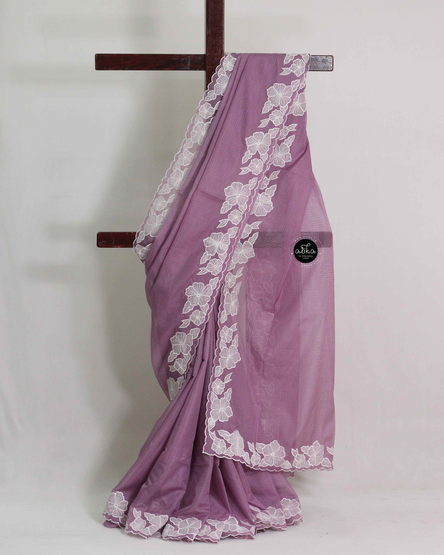 Lilac Silky Kota Saree with Floral Applique Border