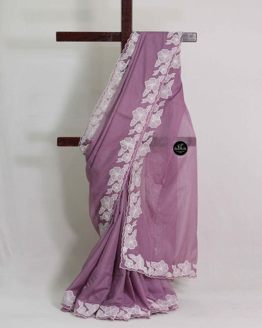 Lilac Silky Kota Saree with Floral Applique Border