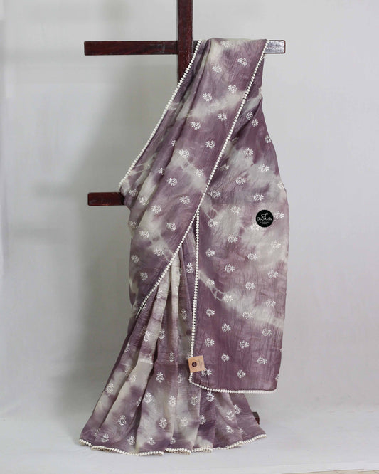 Purple and White Crushed Silk Saree with Floral Machine Embroidery