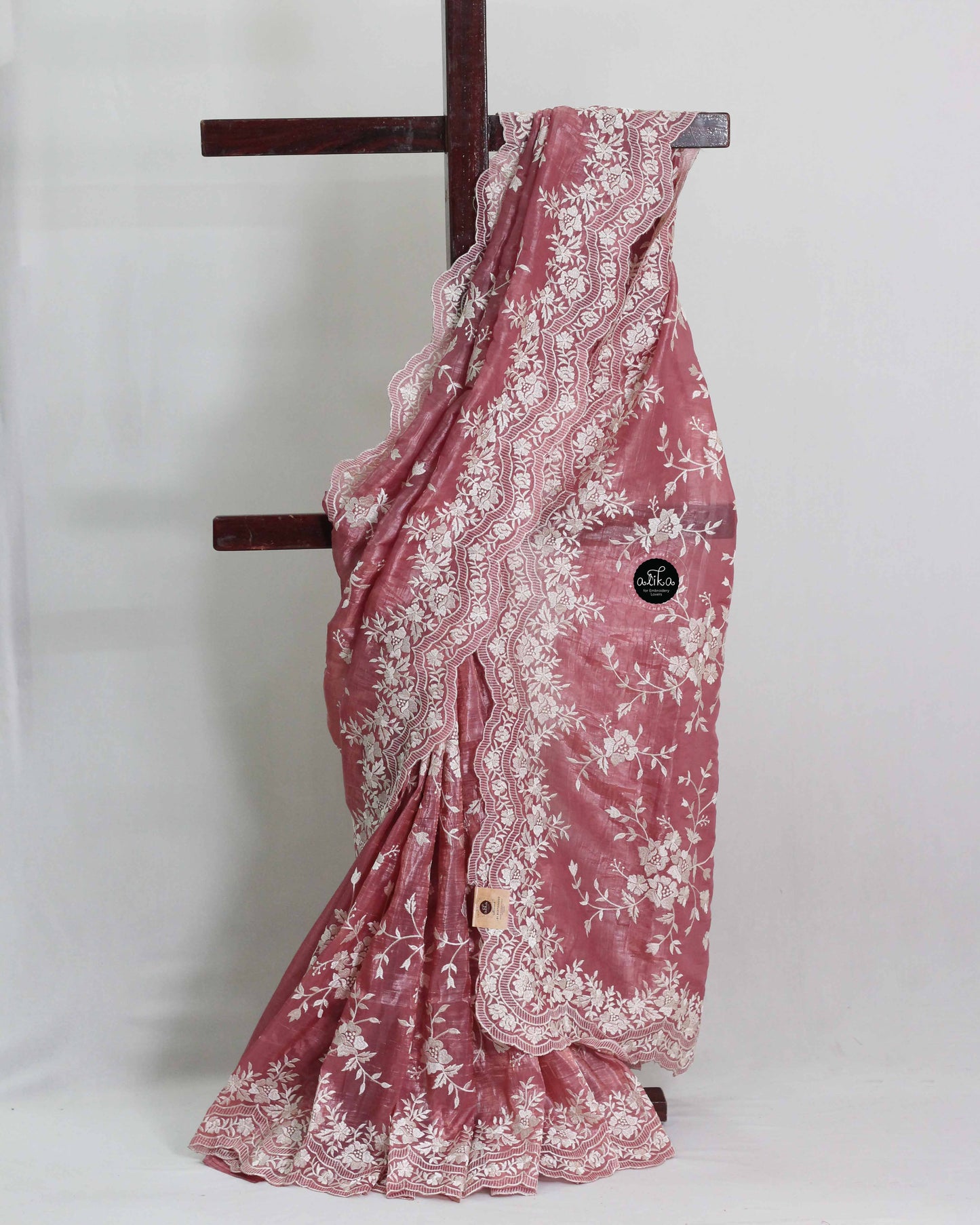 Dusky Rose Crushed Silk Saree with Floral Machine Embroidery