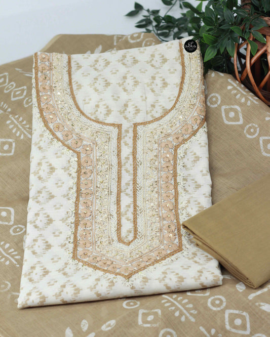 Off-White Printed Chanderi Cotton Salwar Set with Floral Embroidery