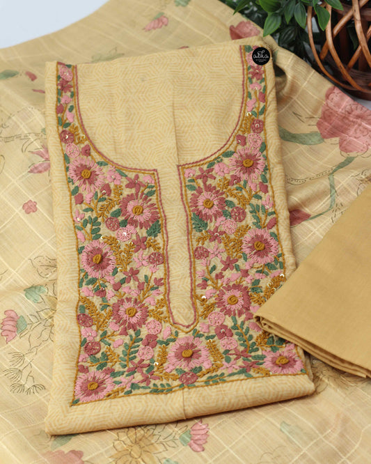 Yellow Chanderi Cotton Unstitched Salwar Set with Floral Hand Embroidery