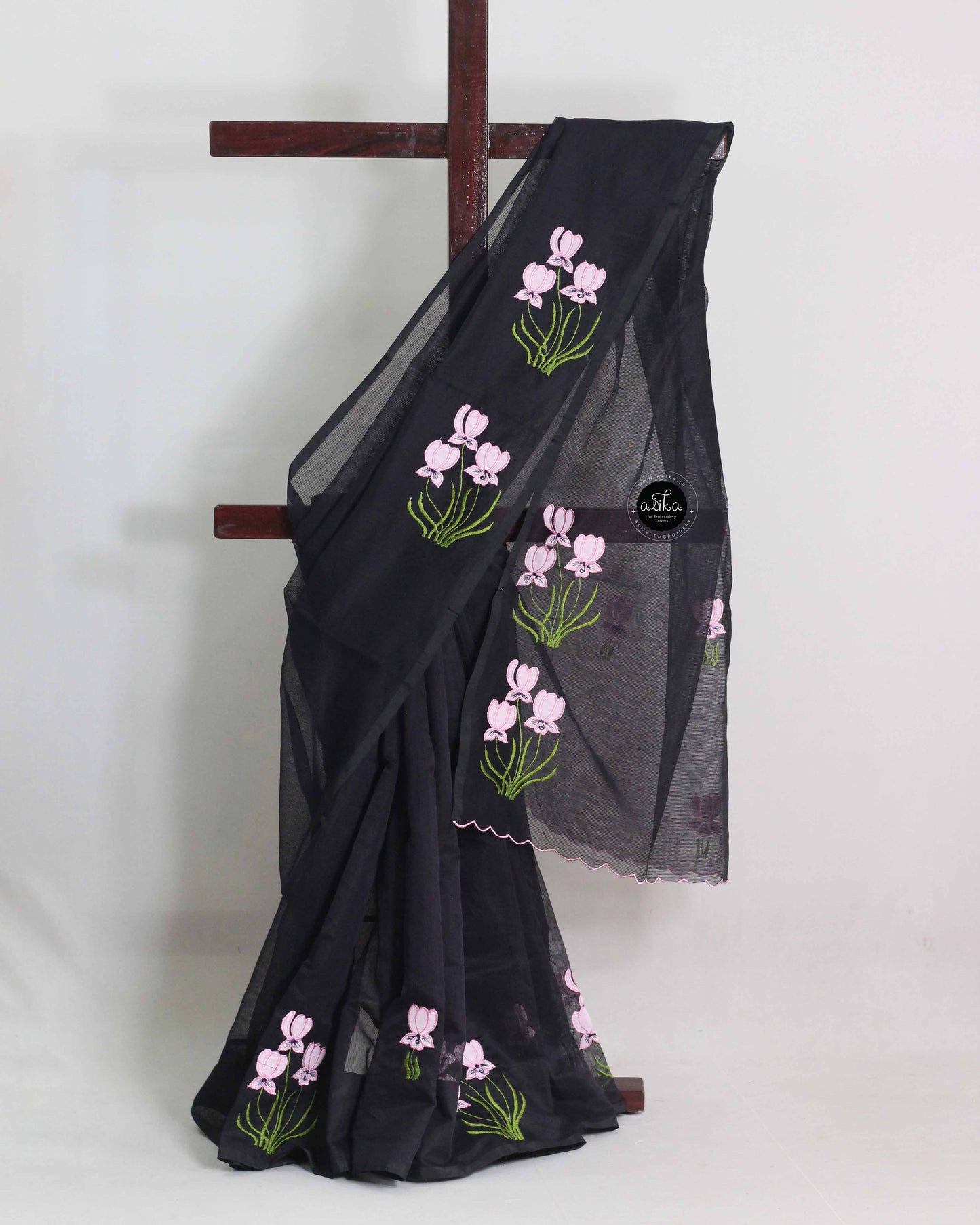 Black Kota Saree with Floral Appliqué Embroidery
