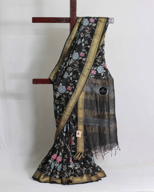 Black Chanderi Silk Saree with Cross Stitch Embroidery