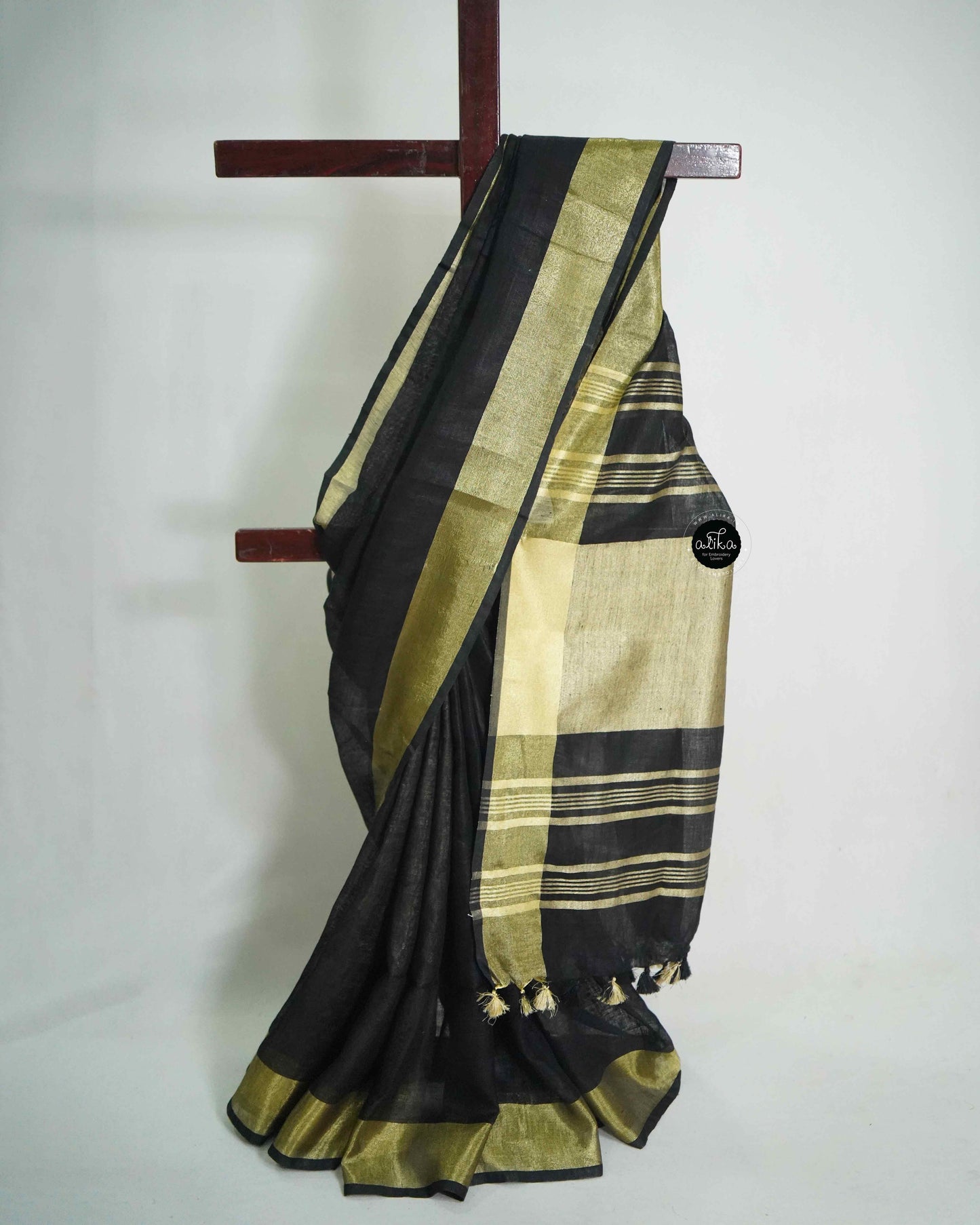 Black Pure Linen Saree with Zari Work & Gold Border