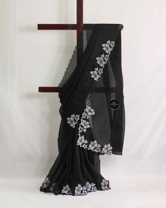 Black Silky Kota Saree with Floral Appliqué Work – Alika Fashion Store