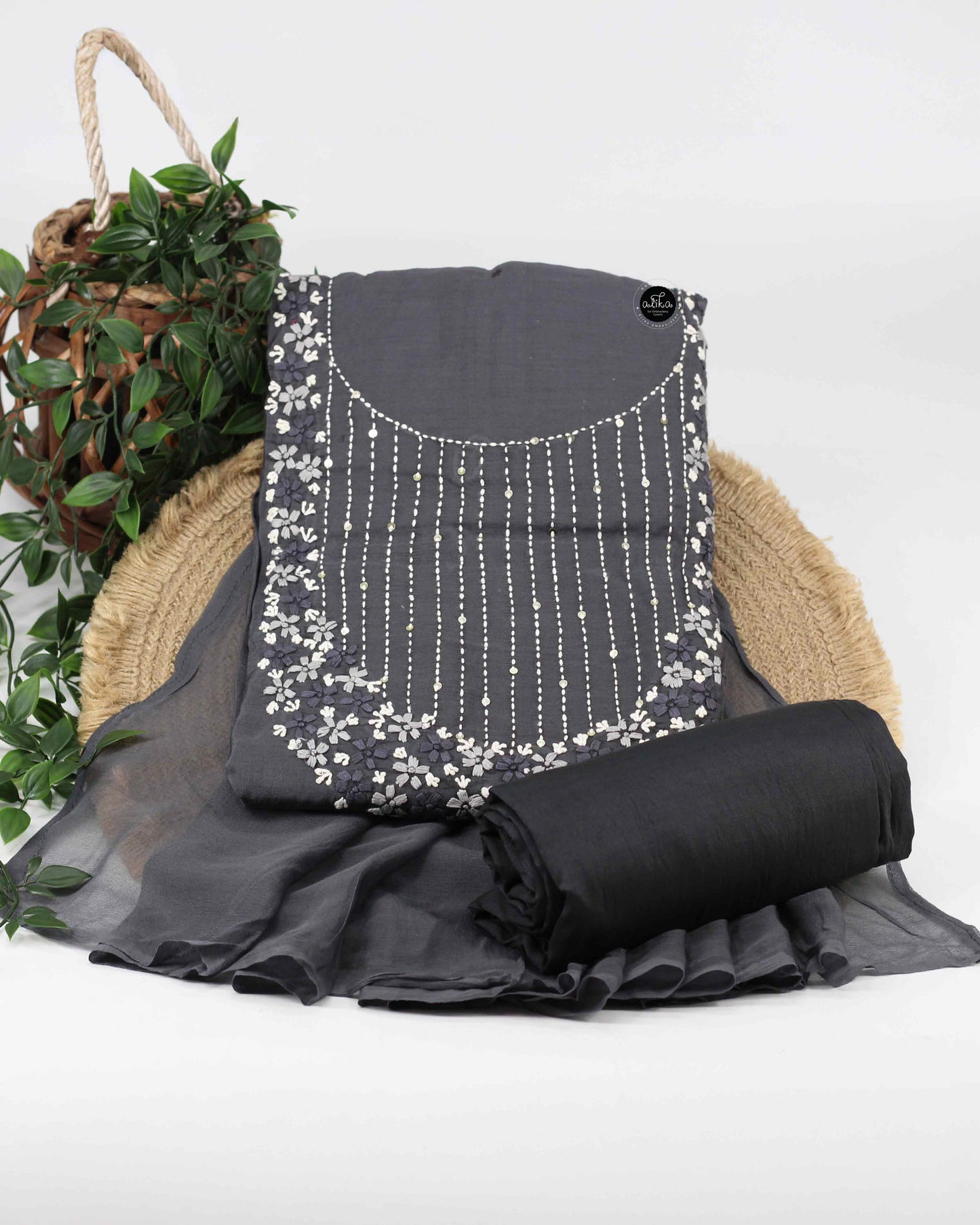 Charcoal Black Semi-Silk Unstitched Salwar Set with Hand Embroidery & Sequins