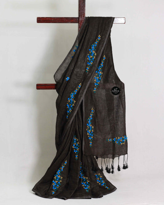 Black Pure Linen Saree with Floral Hand Embroidery | Elegant Festive Wear